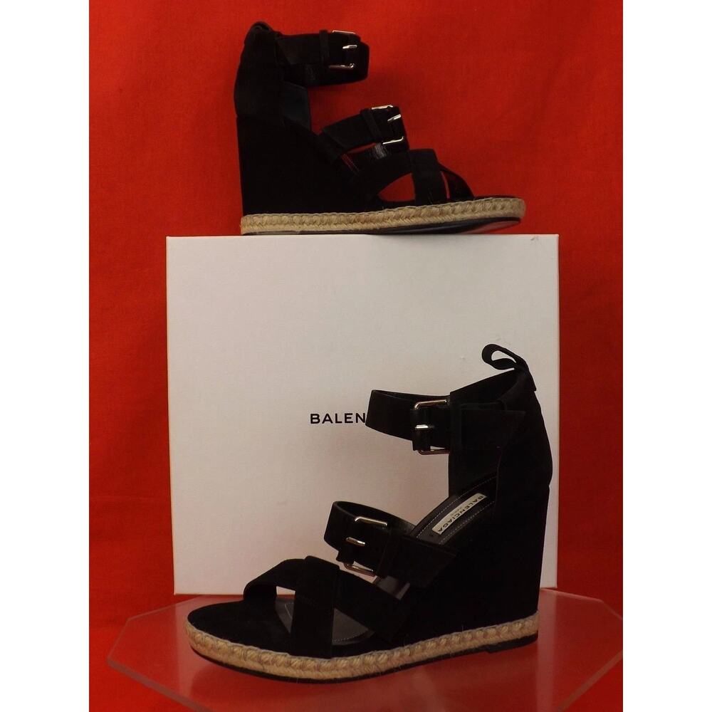 NIB BALENCIAGA BLACK SUEDE BUCKLE ANKLE STRAP ESPADRILLE WEDGE SANDALS 41 $620 - Picture 1 of 10